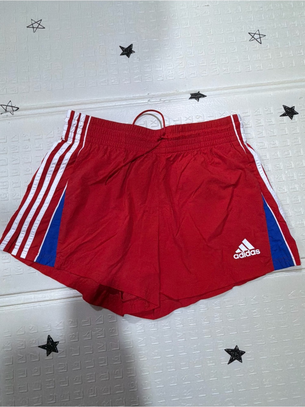 adidas Red Women’s Athletic Shorts with Blue Panels